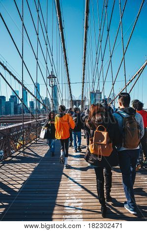 New York CityUSA - March 19 2017: View from the pedestrian walkway of the Brooklyn Bridge. The Brooklyn Bridge is connects the boroughs of Manhattan and Brooklyn and is one of the biggest suspension bridge in the world.