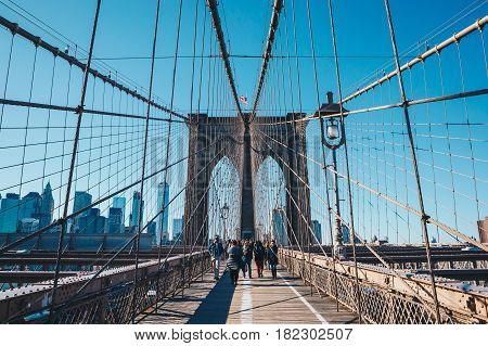 New York CityUSA - March 19 2017: View from the pedestrian walkway of the Brooklyn Bridge. The Brooklyn Bridge is connects the boroughs of Manhattan and Brooklyn and is one of the biggest suspension bridge in the world.