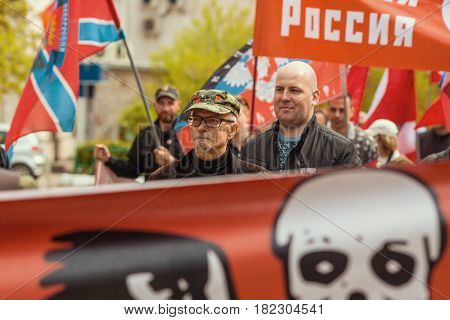 MOSCOW - MAY 1, 2016: Eduard Limonov - Russian writer, poet, essayist, politician, founder and former leader of the banned National Bolshevik Party, in rally marking the May Day.