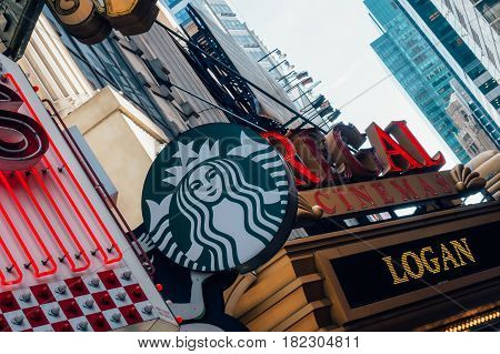 New York City Usa - March 21 2017: Starbucks Coffee. Starbucks Corporation is an American global coffee company and coffeehouse chain based in Seattle Washington