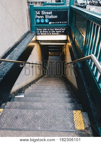 New York Usa - March 18 2017: One of the entrances down to subway system of New York. Entrance 34 Street Penn Station Line A C E.