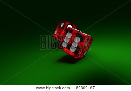 Two rolliing dices on green casino table. Concept of gambling.