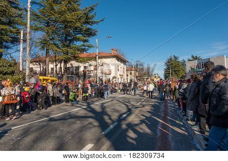 OPICINATRIESTE ITALY - FEBRUARY 25: Unidentified participants in parade of the Carnival. Kraski Pust o Carnevale Carsico. The Carnival Carsico Kraski on February 25 2017