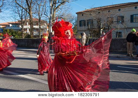 OPICINATRIESTE ITALY - FEBRUARY 25: Unidentified participants in parade of the Carnival. Kraski Pust o Carnevale Carsico. The Carnival Carsico Kraski on February 25 2017