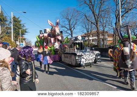 OPICINATRIESTE ITALY - FEBRUARY 25: Unidentified participants in parade of the Carnival. Kraski Pust o Carnevale Carsico. The Carnival Carsico Kraski on February 25 2017