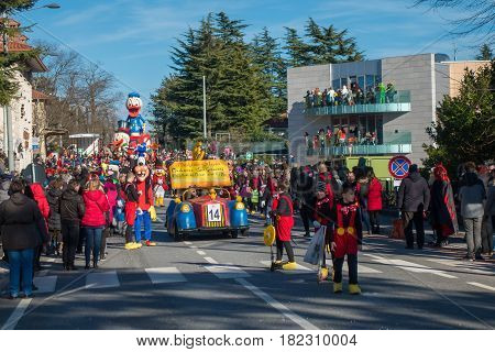 OPICINATRIESTE ITALY - FEBRUARY 25: Unidentified participants in parade of the Carnival. Kraski Pust o Carnevale Carsico. The Carnival Carsico Kraski on February 25 2017