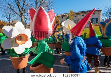 OPICINATRIESTE ITALY - FEBRUARY 25: Unidentified participants in parade of the Carnival. Kraski Pust o Carnevale Carsico. The Carnival Carsico Kraski on February 25 2017