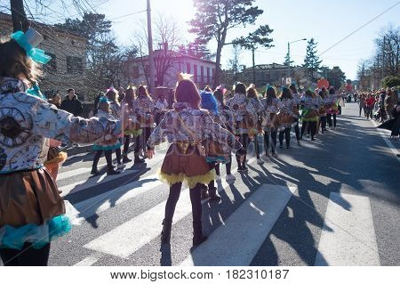 OPICINATRIESTE ITALY - FEBRUARY 25: Unidentified participants in parade of the Carnival. Kraski Pust o Carnevale Carsico. The Carnival Carsico Kraski on February 25 2017