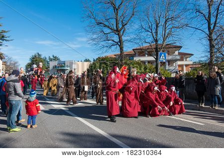 OPICINATRIESTE ITALY - FEBRUARY 25: Unidentified participants in parade of the Carnival. Kraski Pust o Carnevale Carsico. The Carnival Carsico Kraski on February 25 2017