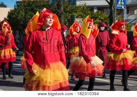 OPICINATRIESTE ITALY - FEBRUARY 25: Unidentified participants in parade of the Carnival. Kraski Pust o Carnevale Carsico. The Carnival Carsico Kraski on February 25 2017