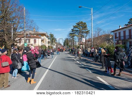 OPICINATRIESTE ITALY - FEBRUARY 25: Unidentified participants in parade of the Carnival. Kraski Pust o Carnevale Carsico. The Carnival Carsico Kraski on February 25 2017