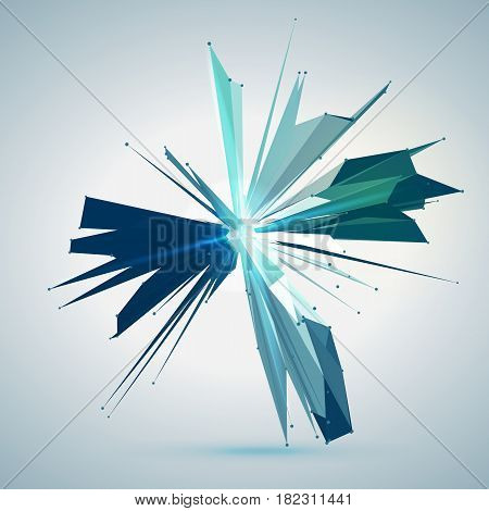 Abstract vector mesh background. Chaotically connected points and polygons flying in space. Flying debris. Futuristic technology style card. Lines, points, circles and planes. Futuristic design.