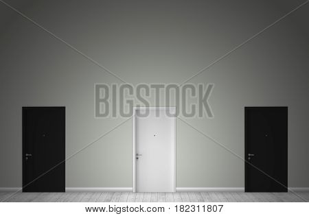 Three Door Room With Black And White Color, One Single White Door Difference From Two Black Door Way
