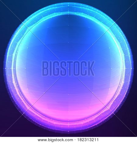 Abstract vector polygonal cyber sphere. Triangle spherical mesh background. Futuristic 3D illuminated distorted sphere of glowing particles and polygons. Digital splash. UI or HUD element.