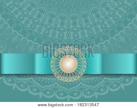 Wedding invitation and announcement card with ornamental round lace with arabesque elements. Mehndi style. Orient traditional ornament. Zentangle-like round colored floral ornament.