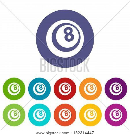 Black and white snooker eight pool icons set in circle isolated flat vector illustration