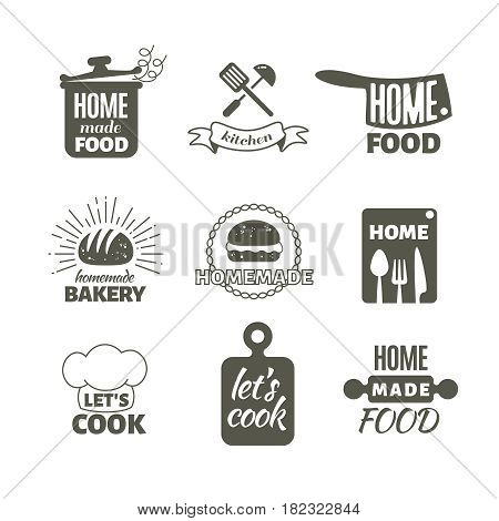 Retro kitchen cooking at home and handmade vector badges and logos. Home made cooking restaurant logo, illustration of label menu restaurant