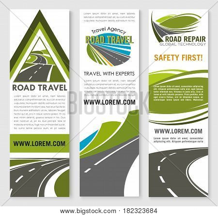 Road safety construction and repair service banners for travel ot ransportation company. Design of highway safe building with tunnels and bridges for motorway transport journey trip
