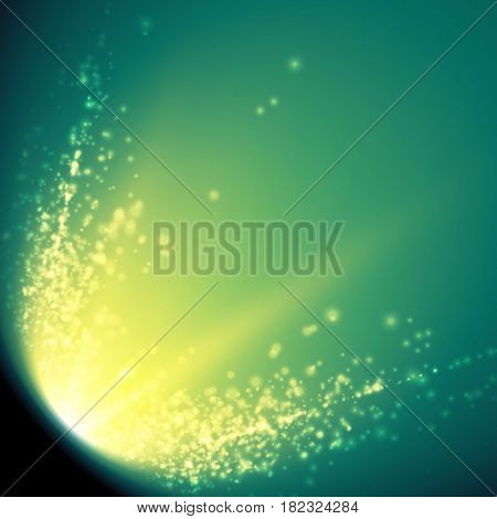 Abstract vector mesh background. Shinig comet with glowing poit tail on the green background. Futuristic style card. Elegant background for business presentations. Eps 10.