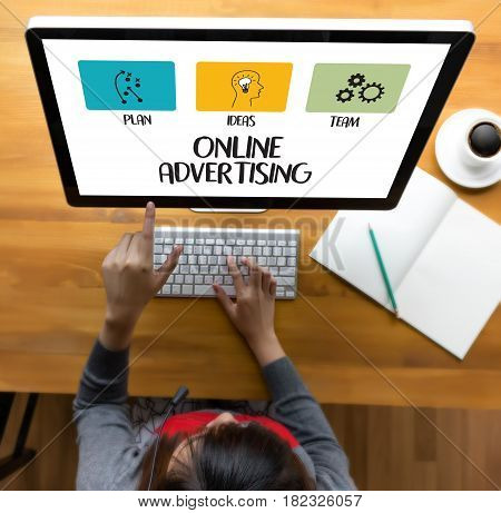 Online Advertising Man Working On Laptop , Website Marketing , Update Trends  Advertising , Online B
