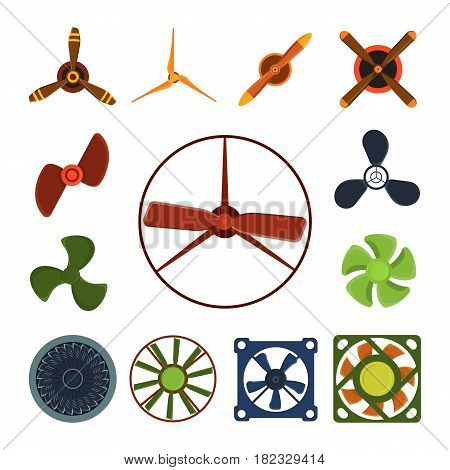 Turbines icon propeller fan rotation technology equipment blade wind ventilator generator vector illustration. Air blower electric industrial ventilators.