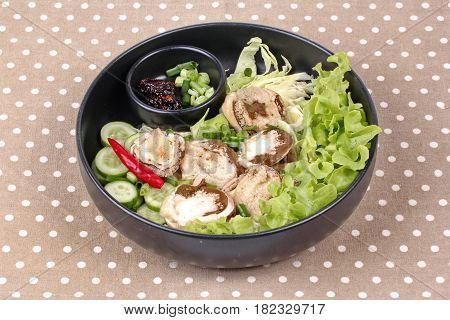 Boiled Fresh Bamboo Mushroom And Vegetable With Roasted Chili Dip.