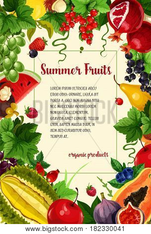 Fruits and berries vector poster. Summer harvest of pomegranate and pear, tropical papaya or mango and red currant or strawberry. Watermelon, orange grapefruit and avocado with grapes and raspberry