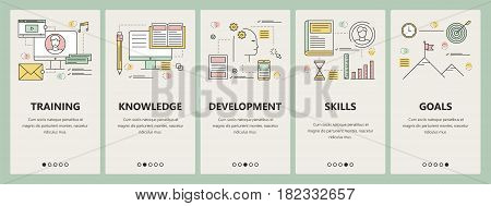 Vector set of e-commerce concept vertical banners. Training, Knowledge, Development, Skills and Goals templates. Modern thin line flat design elements, symbols, icons for website menu, print