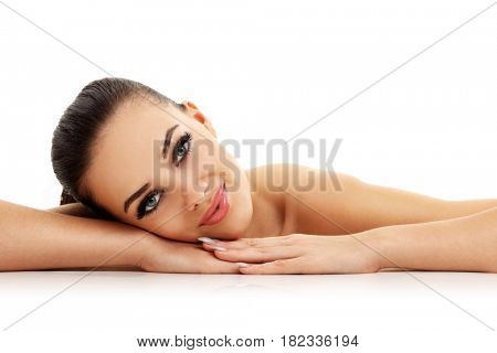 Picture of woman face portrait isolated on white with healthy skin