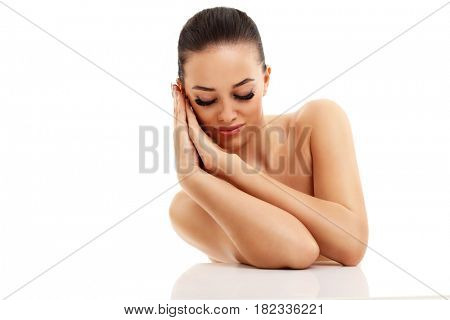 Picture of woman face portrait isolated on white with healthy skin