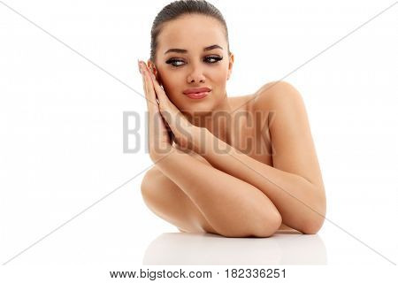 Picture of woman face portrait isolated on white with healthy skin