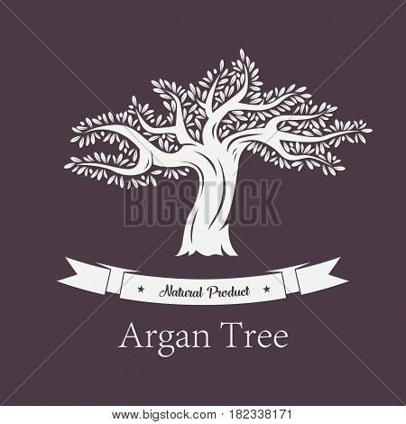 Argania plant or argan tree with branches and foliage. Natural and organic vegetarian or vegan fruit food product, cosmetic skincare production. Bottle label or grove logo, biology