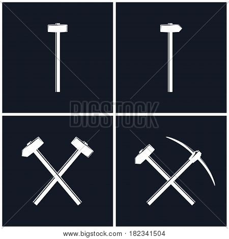 White Tools for Percussion Works Isolated on Black Background, Crossed Hammer and Sledgehammer, Crossed Pickaxe and Sledgehammer, Mining Industry, Black and White Vector Illustration
