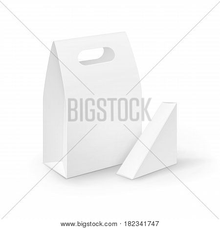 Vector Set of White Blank Cardboard Rectangle Triangle Take Away Handle Lunch Boxes Packaging For Sandwich, Food, Gift, Other Products Mock up Close up Isolated on White Background