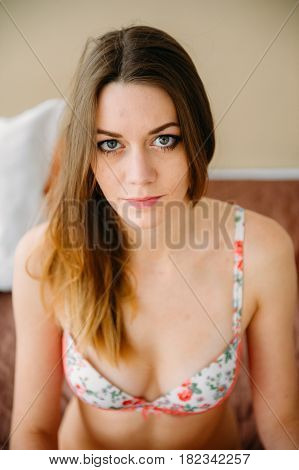 Pretty Sensual Brunette Woman In Sexy Bra. Seduction Woman In Lingerie. Sexual Woman. Hot Woman. Wom