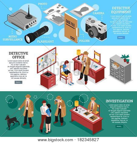 Detective horizontal banners set with isometric office furniture spying equipment and plainclothes man character with text vector illustration