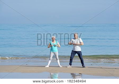 Senior couple doing stretching exercices on the beach