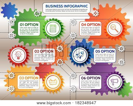Infographic design template with gear chain. Colorful gear symbol with number icons and Information text.