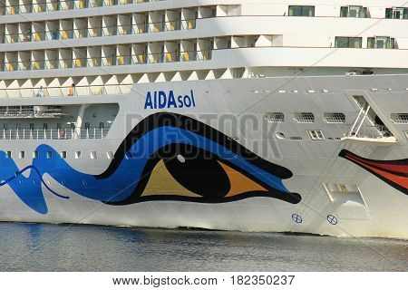 Velsen the Netherlands -April 19th 2017: Aida Sol on North Sea Canal on it's way to the Amsterdam Cruise Terminal detail of bow