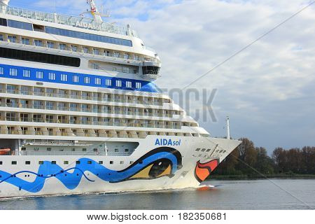 Velsen the Netherlands -April 19th 2017: Aida Sol on North Sea Canal on it's way to the Amsterdam Cruise Terminal