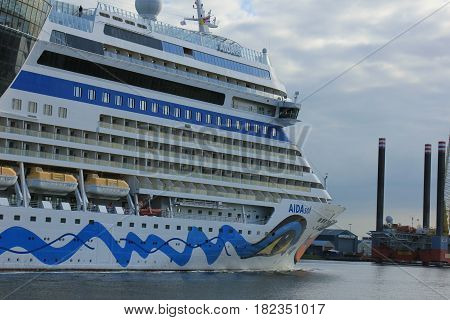Velsen the Netherlands -April 19th 2017: Aida Sol on North Sea Canal on it's way to the Amsterdam Cruise Terminal