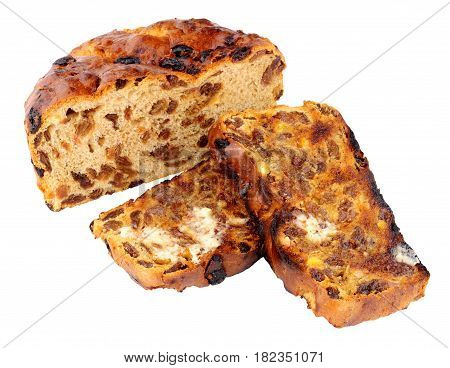Toasted Irish barmbrack sweet bread slices with butter isolated on a white background