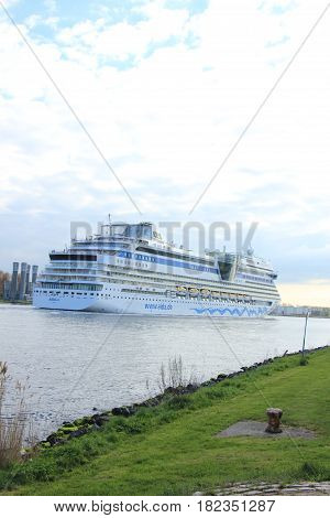 Velsen the Netherlands -April 19th 2017: Aida Sol on North Sea Canal on it's way to the Amsterdam Cruise Terminal