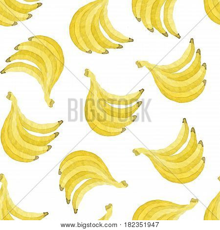 Bright yellow watercolor bananas seamless pattern isolated on white background. Botanical illustration.