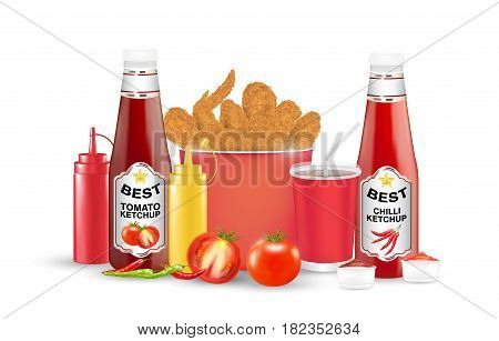 set  of fried chicken tomato chilli suace bottle on a white background
