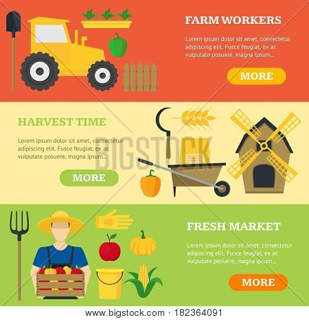 Farming Banner Card Horizontal Set Elements and Equipment Agriculture Work Tools Flat Design Style. Vector illustration
