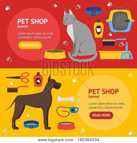 Cartoon Domestic Pet Shop Banner Card Horizontal Set Accessories and Equipment for Dog and Cat Flat Design Style. Vector illustration