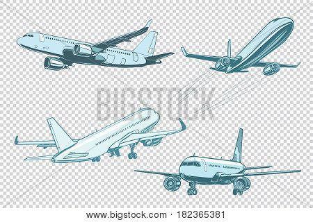 Set of passenger airplanes. Air transport. Pop art retro vector illustration