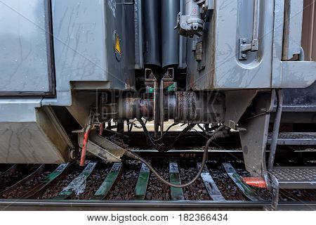 Detail view of juction of two passenger railroad cars
