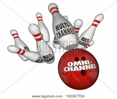 Omnichannel Vs Multi-Channel Bowling Ball Strike Marketing 3d Illustration